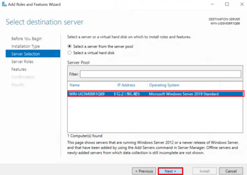 Select Destination Server to Install DHCP