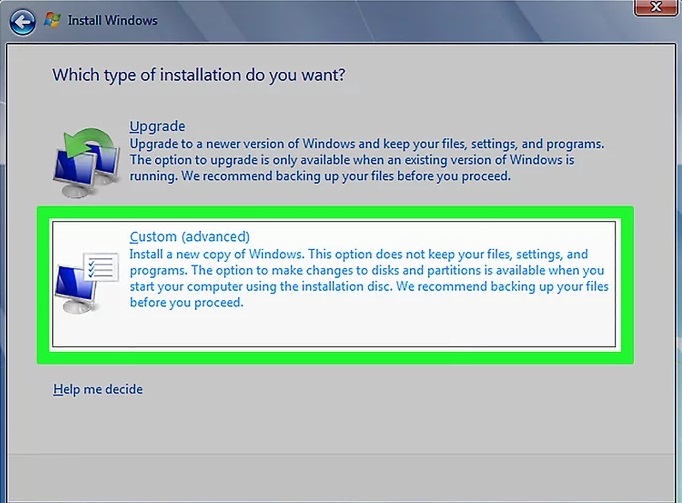 Select the Custom installation