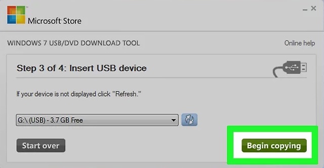 Select the USB flash drive and click Begin Copying