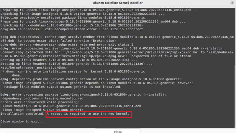 Ubuntu Mainline Kernel Installer Terminal Window