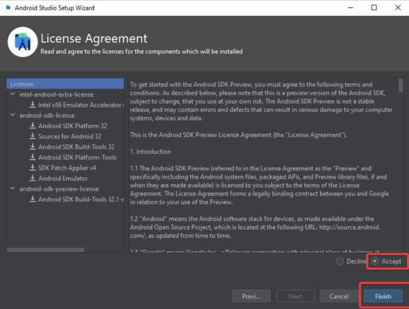 License Agreement on Android Studio