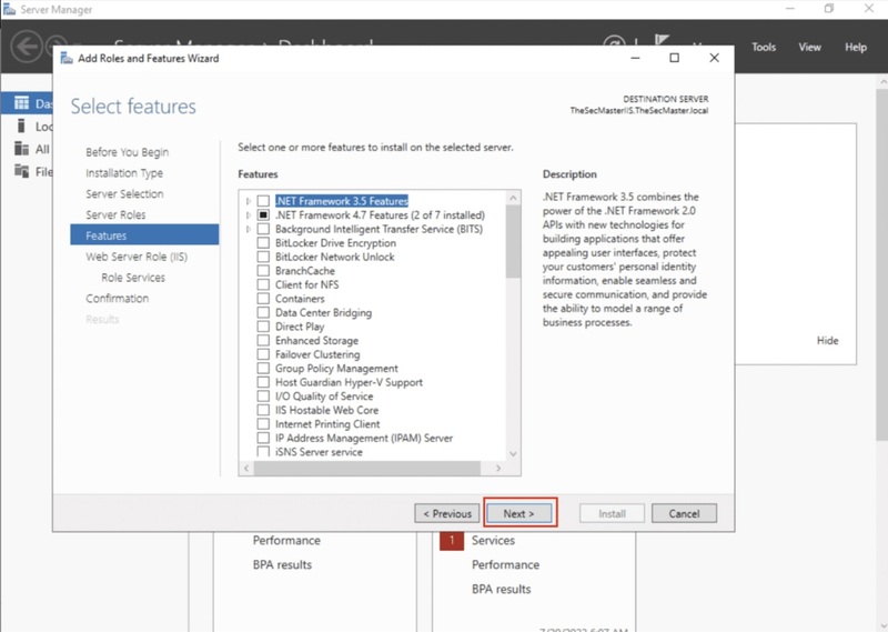 Select features to install IIS on the selected server