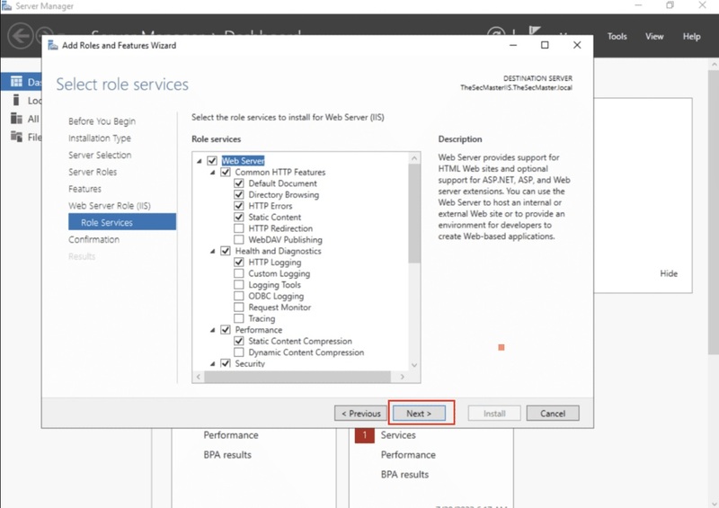 Select the role service to install for IIS Web Server