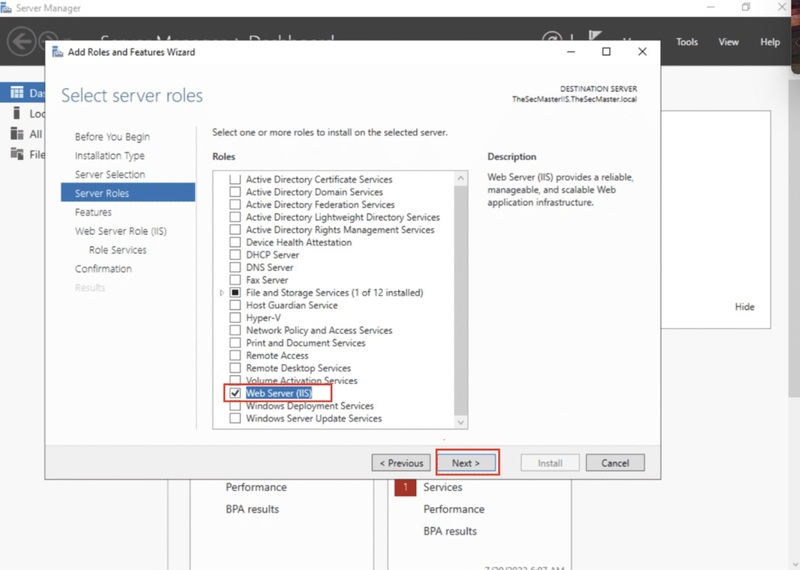 Select the roles to install IIS on the selected server