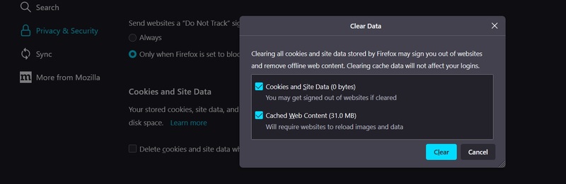 clear browsing data in Firefox