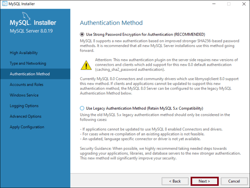 Authentication Method on MySQL Configuration