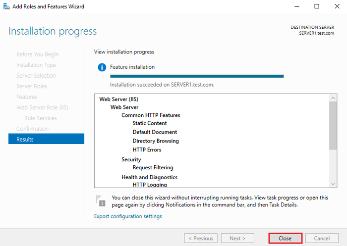 FTP installation progress in Windows Server
