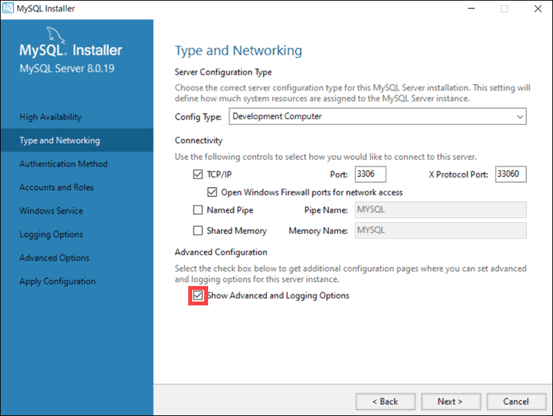 MySQL server configuration type