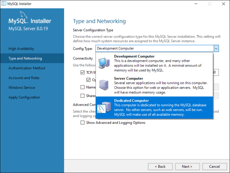 Type and Networking in MySQL configuration