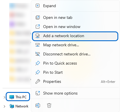 Select Add a network location option to Access the shared folder from the Windows system 