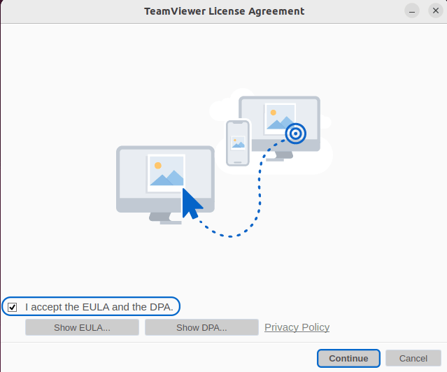 TeamViewer License Agreement for installing TeamViewer on Linux
