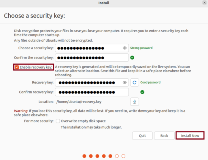 Choose a Security key during Ubuntu Installation