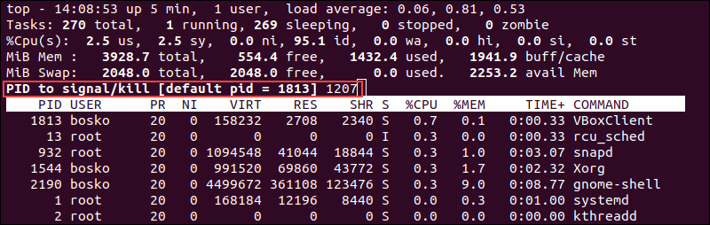 Send a signal to process using top command