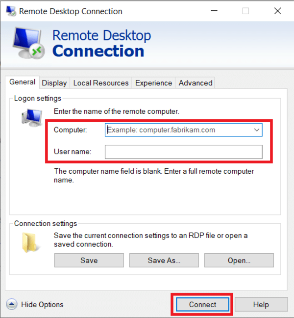 type the Computer’s IP address and username