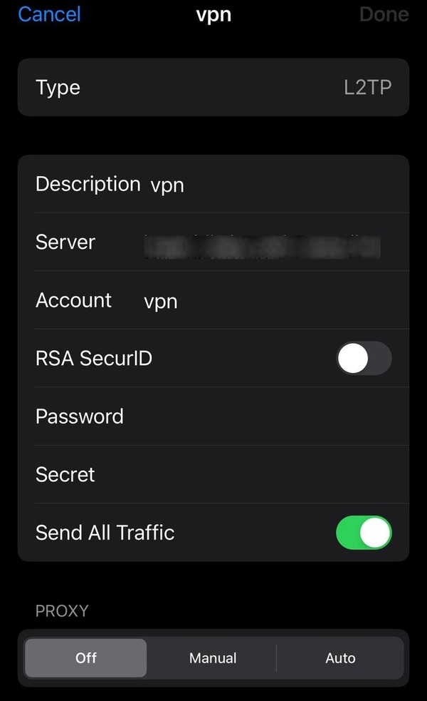 Create new L2TP VPN connection on iPhone