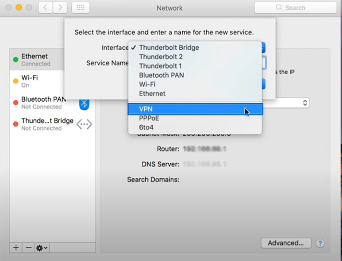Select VPN in the interface to configure l2tp/ipsec vpn client on macOS
