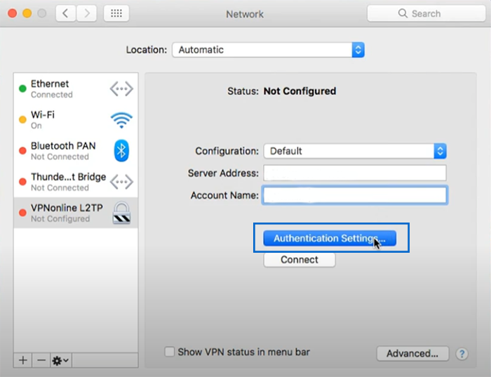 adjusting Authentication Settings for setting up macOS VPN client