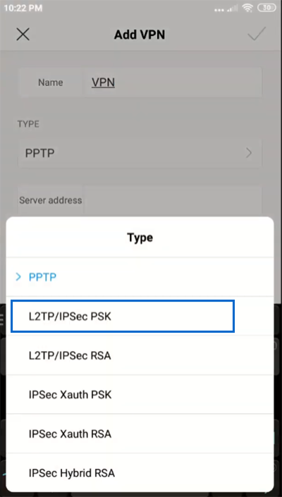 Set "L2TP/IPsec PSK" for VPN type in iOS