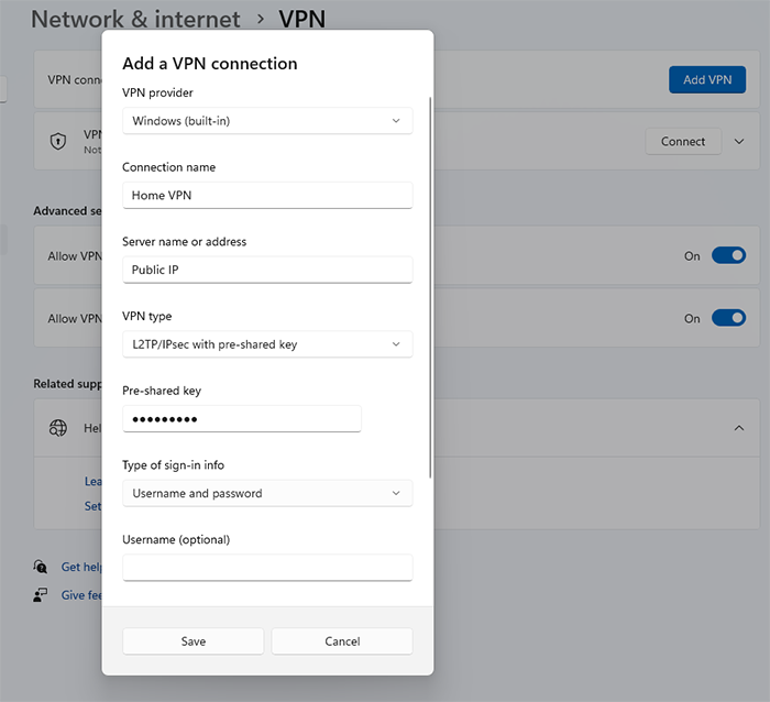 Configure L2TP VPN connection on Windows