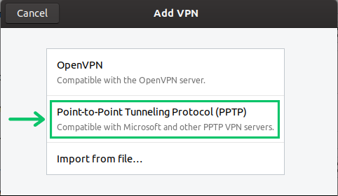 Select "Point-to-Point Tunneling Protocol" for VPN in Linux