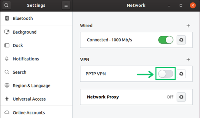 Connect to PPTP VPN in Linux via toggle VPN switch to on.