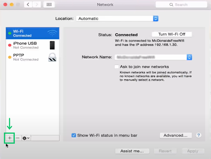 Click + icon to add new VPN connection on macOS