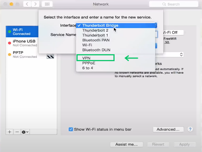 Choose the VPN option to setup PPTP VPN on macOS