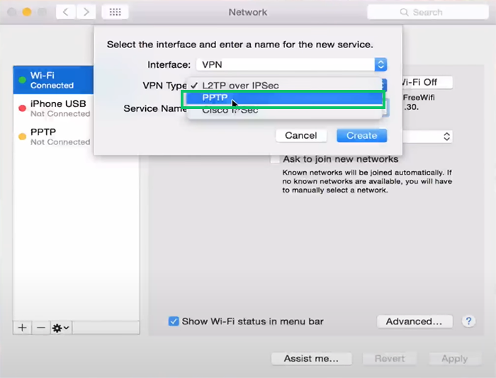 Set PPTP as VPN type in macOS VPN settings