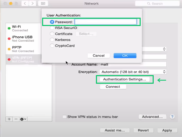 Enter your PPTP VPN password for PPTP VPN configuration on macOS