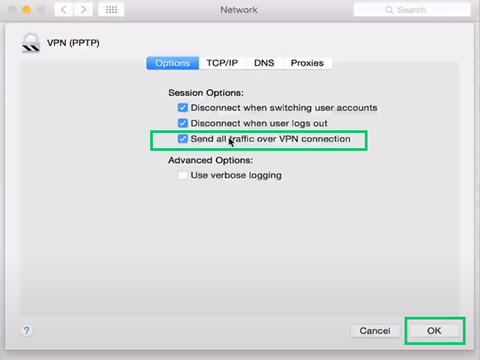 set additional settings for PPTP VPN connection on macOS