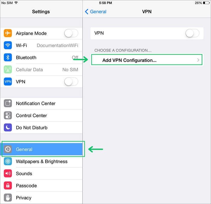 go to Settings > General > Add VPN Configuration to setup PPTP VPN on iOS