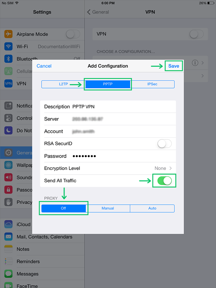Enter your PPTP server details to enable PPTP VPN on iOS