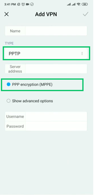 Enter PPTP VPN Configuration Details on Android device