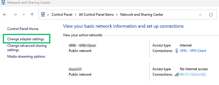 Select "Change adapter settings" to setup PPTP VPN on Windows