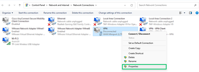 select properties to setup PPTP VPN on Windows
