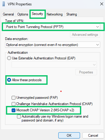 Configure security settings for PPTP VPN on Windows