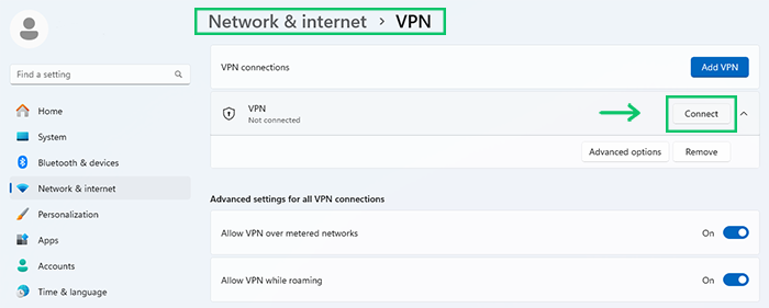 Connect to PPTP VPN on Windows through Network&internet > VPN