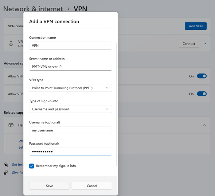 Configure VPN connection according to VPN server details
