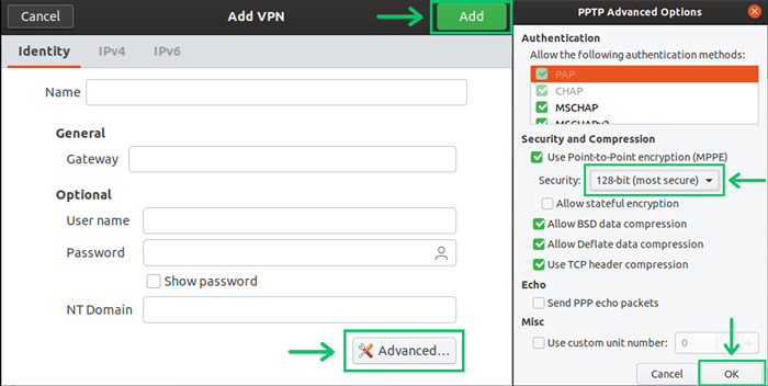 Configure PPTP advanced settings in Linux