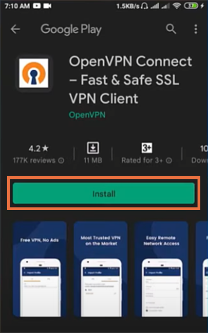 Download and install the OpenVPN client app on Android device