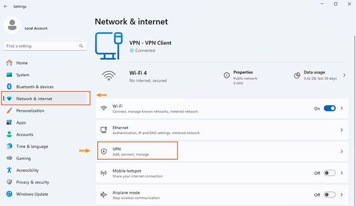 Open Network Settings on Windows 11 to configure SSTP VPN