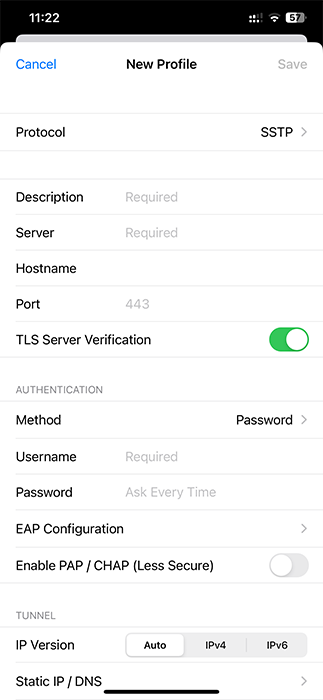 Enter VPN Details to setup SSTP VPN client on iOS