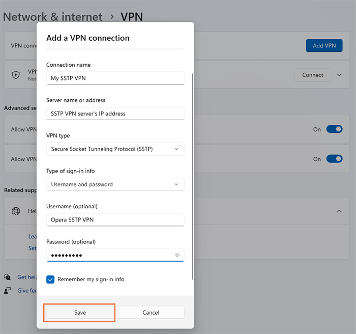 Configure SSTP VPN on Windows based on VPN server information
