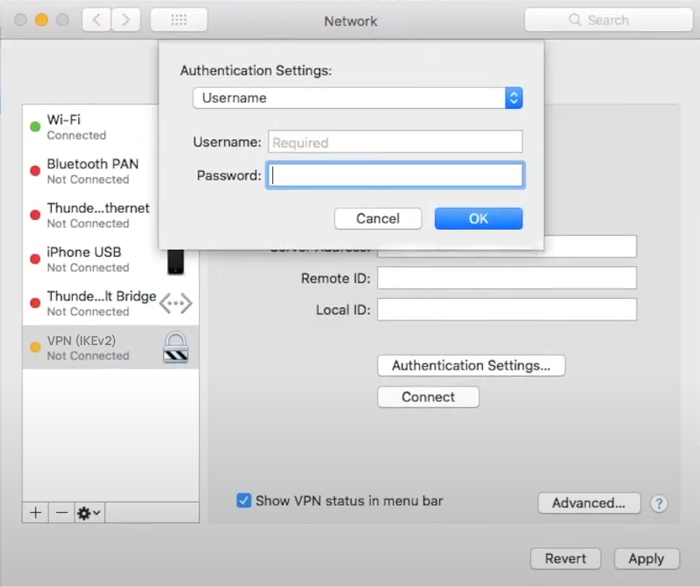 Enter your VPN server username and password to setup IKEv2 VPN on macOS