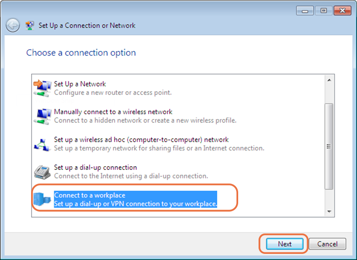 Choose "Connect to a workplace" on Windows to connect to VPN