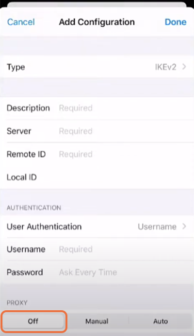 Enter VPN server's credentials to add IKEv2 VPN to iOS device
