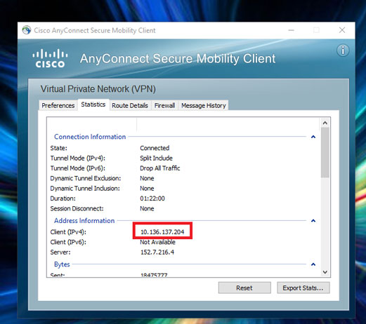 viewing Cisco anyconnect IP address