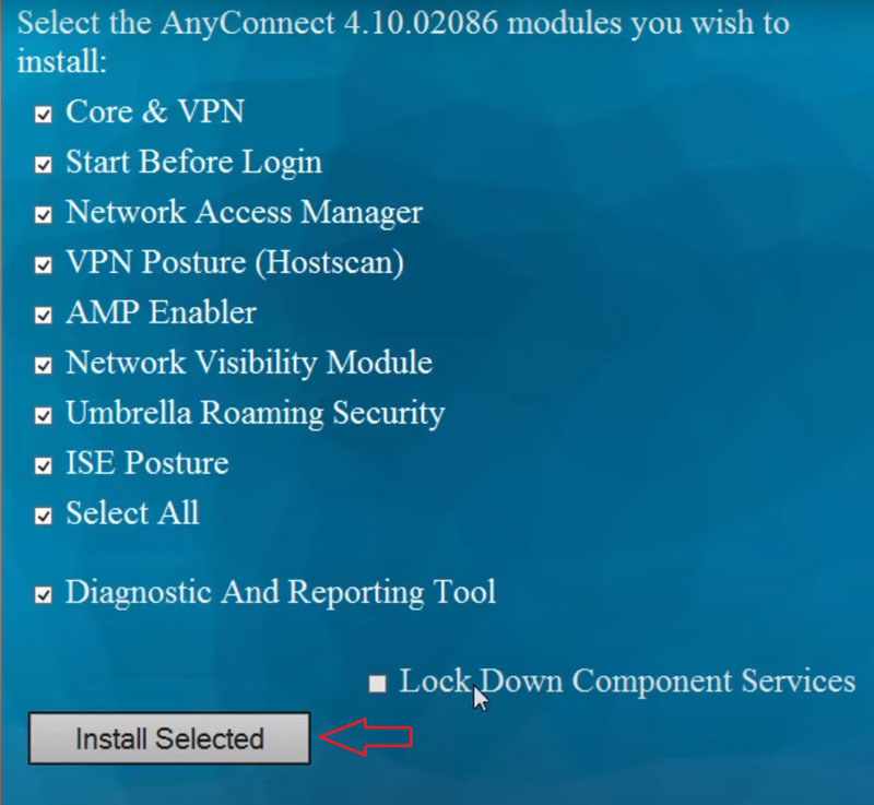 Selecting cisco anyconnect modules to install