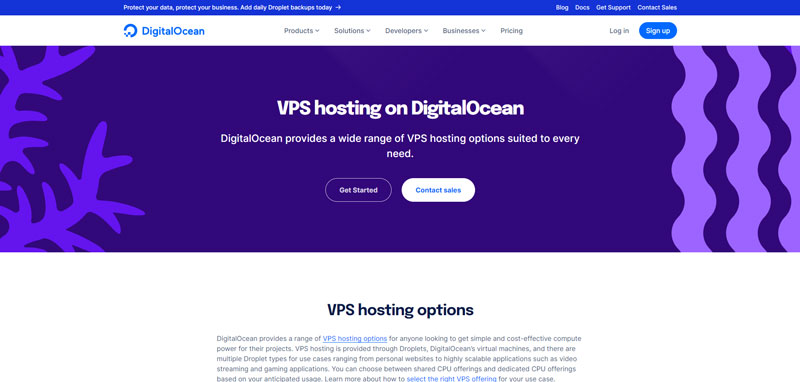 digitalocean Linux virtual private server page