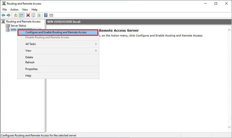 select the Configure and Enable Routing and Remote Access option